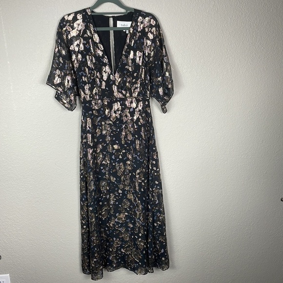 SOLD New BA&SH Lady Dress Floral Metallic Tee Silk Midi V Neck Short Sleeve XS - Picture 5 of 16